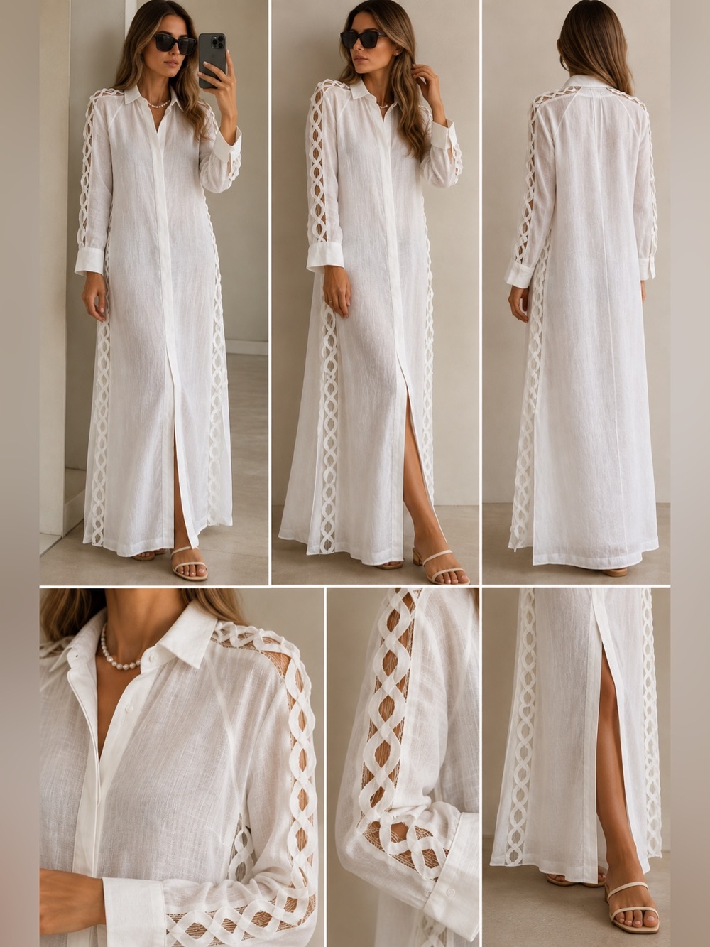 100% Capri White Linen Maxi Shirt Dress XS Made in Capri Lace Detail